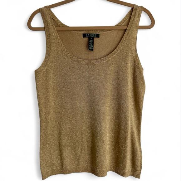 New Lauren Ralph Lauren Gold Metallic Knit Tank Top Sleeveless Resortwear Medium - Picture 1 of 6